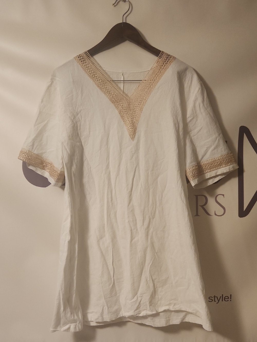 White Cotton Tunic with Beige Crochet Trim - Women's Top